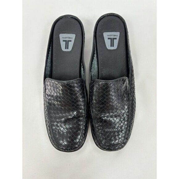 Trotters Woven Mules Loafers Black Leather 7.5 M Slip On Comfort Basket Weave - Picture 2 of 9